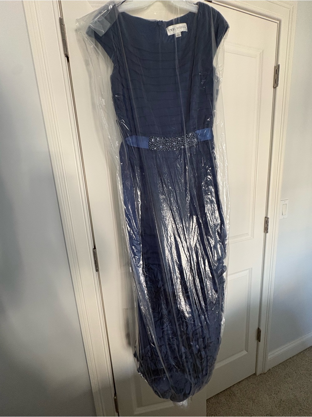 Emma Street Navy Blue Maxi Evening Dress with Beaded Waist Detail